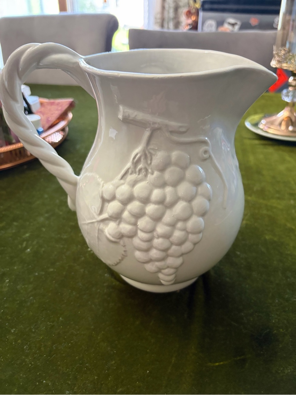 Italian White Embossed Ceramic Pitcher with Twisted Handle